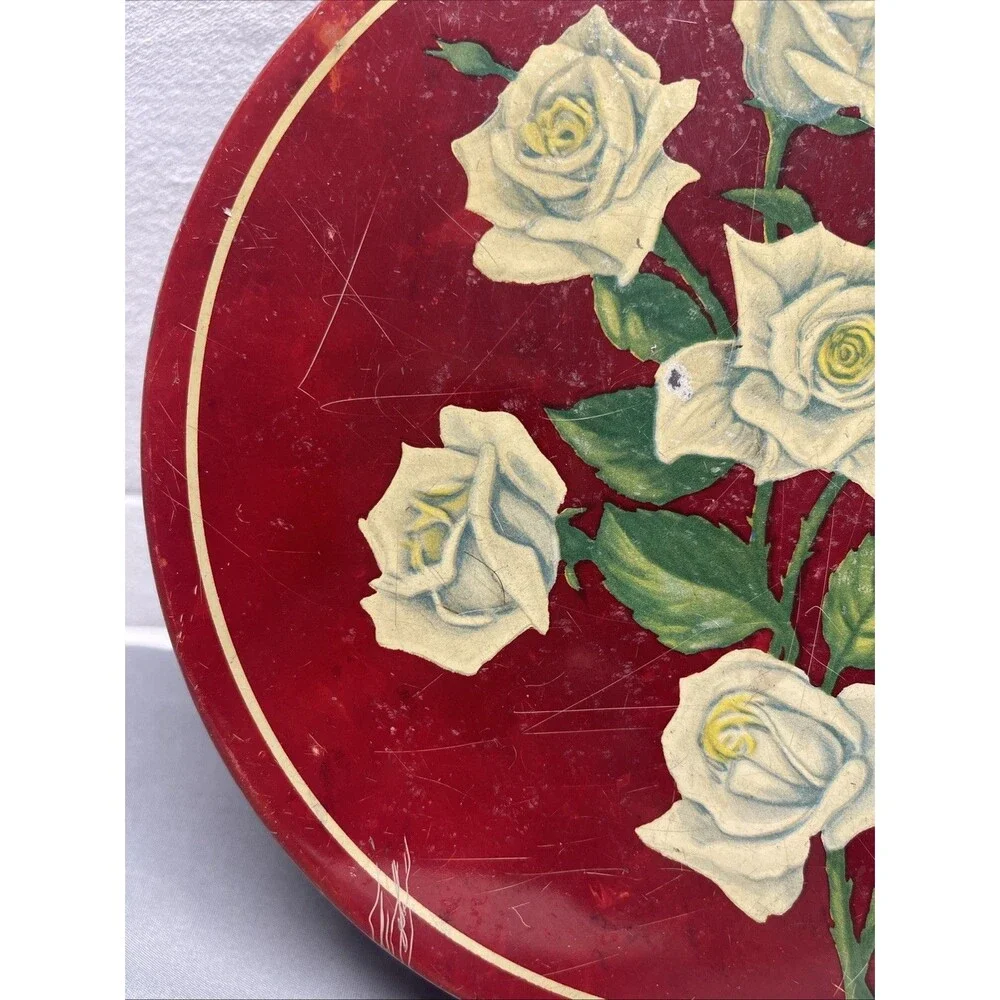 Vintage Red Rose Tin Container Flower Candy Cookie White Roses Storage Decor
